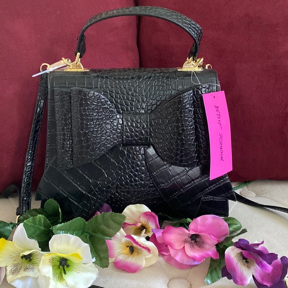 Betsey Johnson Handbags - Betsey Johnson Double Bow Top Handle Crossbody + Satchel, Black & Gold